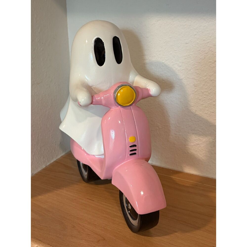 Pastel Halloween Ghost on Pink Vespa Scooter Resin Statue Figurine Decor NWT